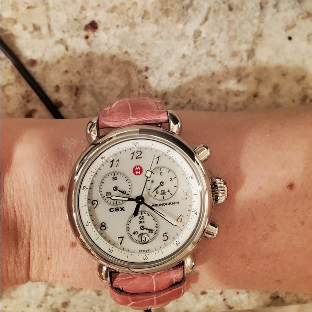 Michele pink alligator stainless steel watch